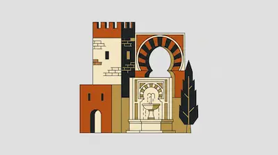 Flat illustration of Moorish architecture featuring a horseshoe arch, a stone tower, and a fountain on a grey background