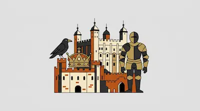 Flat illustration of a medieval castle with a black raven, a golden crown, and a knight in armor on a gray background