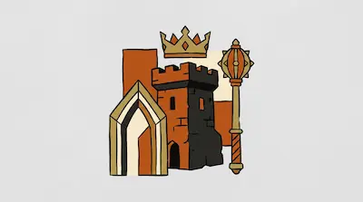 Flat illustration of a medieval castle tower, a golden crown, and a spiked mace on a light gray background