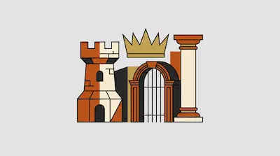 Flat illustration of a castle tower, a golden crown, and a classical column in orange and cream tones on a grey background