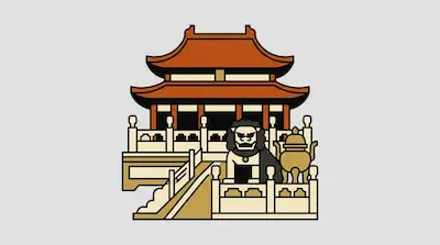 Flat illustration of a traditional Chinese temple with a red roof, a stone lion statue, and a golden incense burner