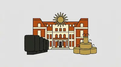 Flat illustration of a grand estate with a sun emblem, manicured hedges, and a tiered fountain on a grey background