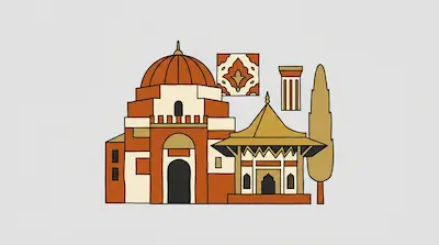 Flat illustration of a domed terracotta building, a patterned tile, and a tall cypress tree on a light gray background