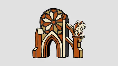 A stylized Gothic cathedral fragment with a large rose window, a pointed arch, and a gargoyle perched on a ledge.