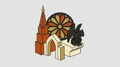 Stylized isometric architectural elements including a cathedral spire, a rose window, a pointed arch, and a gargoyle.