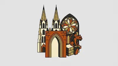 Stylized Gothic architectural elements including two spires, a rose window, a pointed archway, and a gargoyle in shades of orange and tan.