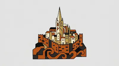 A stylized medieval city with a tall central spire and fortified walls, rendered in earth tones.