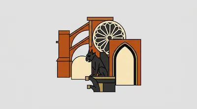 Stylized graphic of Gothic architectural elements including a rose window, flying buttresses, and a gargoyle.