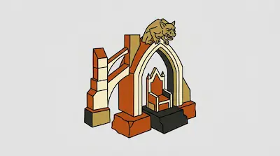 A stylized gothic archway with a gargoyle perched on top and a throne sitting underneath.