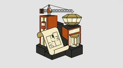 A construction crane towers over stylized buildings and a large blueprint scroll.