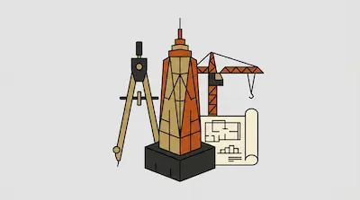 A drafting compass, a skyscraper model on a base, a construction crane, and a blueprint.