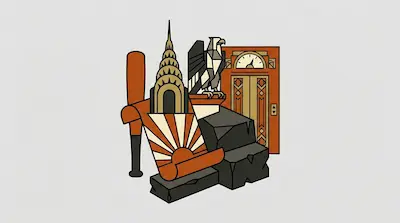 Flat illustration of the Chrysler Building, an eagle statue, and an elevator door in an Art Deco style on a gray background