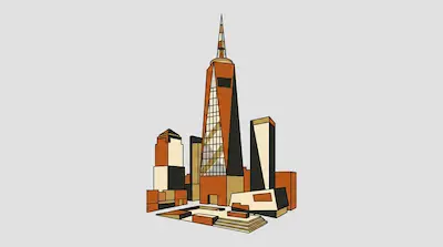 A tall skyscraper and surrounding buildings rendered in a geometric style with orange, black, and tan tones.