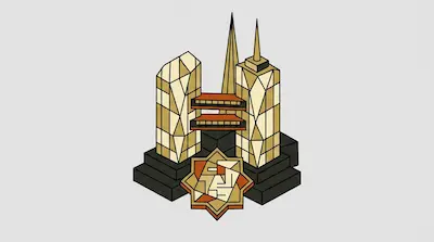 A geometric illustration of two gold-toned, diamond-patterned towers connected by bridges, with a star-shaped emblem in the foreground.