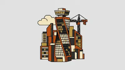 A cluster of geometric buildings in orange and black, featuring a central twisted skyscraper and a construction crane.