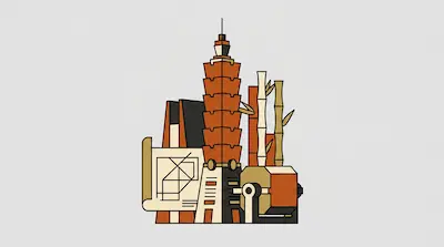 Flat illustration of a tiered skyscraper, bamboo stalks, and architectural blueprints in orange and tan tones.