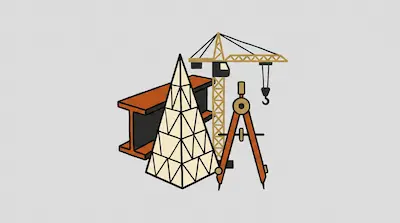 Flat illustration of a construction crane, a steel beam, a compass, and a geometric tower on a gray background