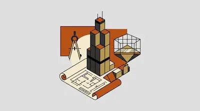 Flat illustration of an architectural blueprint, a compass, and a stylized skyscraper model on a gray background