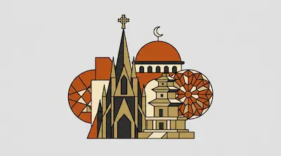 Flat illustration of diverse religious buildings including a church spire, a domed mosque, and a tiered pagoda