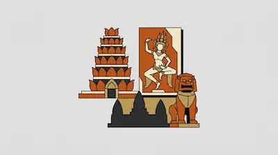Flat illustration of a tiered lotus temple, an Apsara dancer carving, and a stone lion statue on a gray background