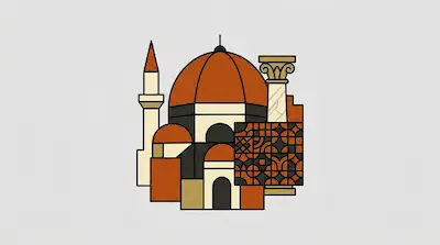 Flat illustration of a domed building with a minaret, a classical column, and geometric patterns in orange and tan