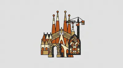Flat illustration of a cathedral under construction with a crane and stained glass window on a light gray background
