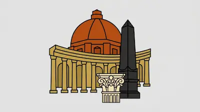 Flat illustration of a domed building with a curved colonnade, a dark obelisk, and a Corinthian column capital