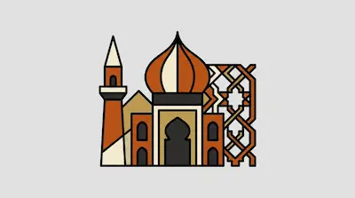 Flat illustration of a mosque with an orange onion dome, a minaret, and geometric patterns on a light grey background