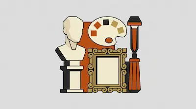 A white bust, a painter's palette, an ornate gold picture frame, and a sculpting tool are grouped together.