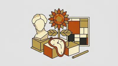 A geometric arrangement of art-themed objects including a bust, a sunflower, a melting clock, and a grid painting.