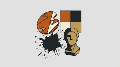 Flat illustration of an artist palette, a geometric bust, and a black ink splatter on a light gray background