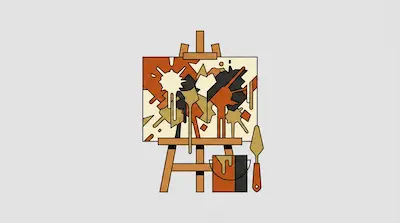 Flat illustration of an abstract painting on a wooden easel with a paint bucket and palette knife on a gray background