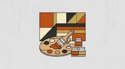 Flat illustration of a wooden palette, a paintbrush, and paint jars in front of a geometric abstract canvas painting