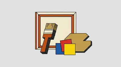 Flat illustration of a wooden picture frame, a thick paintbrush, and primary colored paint swatches on a grey background