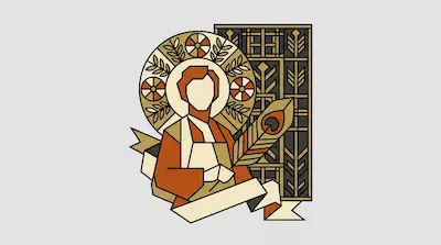 A stylized figure with a halo holds a large quill and a scroll against a backdrop of geometric patterns.