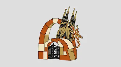 A mosaic lizard climbs a structure featuring tall spires and stone arches with a black gate.