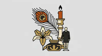 A stylized arrangement of a peacock feather, a lit candle, a lily, an inkwell, and a small human figure.