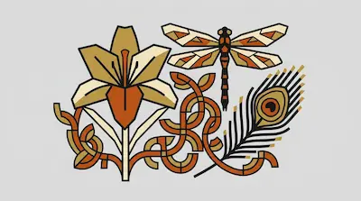 A stylized geometric illustration of a lily, a dragonfly, and a peacock feather in shades of gold, orange, and cream.