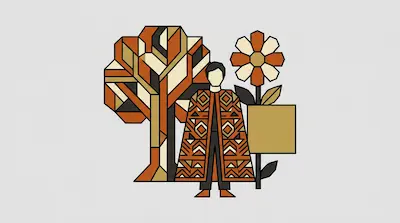 A stylized figure in a patterned robe stands between a geometric tree and a large flower.