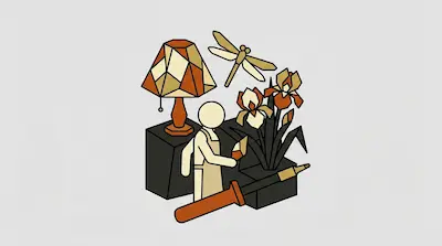 A person in an apron works on stained glass projects including a lamp, dragonfly, and flowers, with a soldering iron in the foreground.