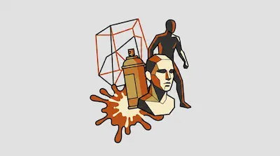 Flat illustration of a spray paint can, a geometric human bust, and a wireframe cube on a light gray background