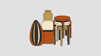 Flat illustration of a striped seed, stacked ceramic vases, and three nested wooden stools on a light gray background