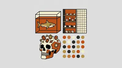 Flat illustration of a shark in a tank, a medicine cabinet, a skull with gems, and a grid of colored dots.