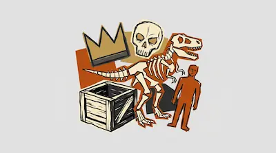 Flat illustration of a dinosaur skeleton, a human skull, a wooden crate, and a crown on a light gray background