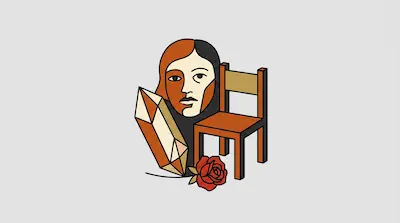 Flat illustration of a stylized face, a wooden chair, a crystal, and a red rose on a light gray background.