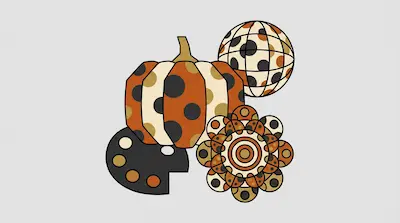 Flat illustration of a polka dot pumpkin, a patterned disco ball, and a floral mandala on a light gray background