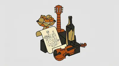 Geometric still life of a guitar, violin, wine bottle, and fruit bowl, including a sketch of the same objects on a piece of paper.