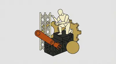 A stylized human figure kneels on dark blocks next to a robotic arm, a tall lattice structure, and a large gear.