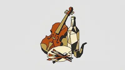 A geometric arrangement of a violin, a bottle, a smoking pipe, and an artist's palette with brushes.