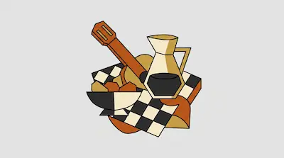 A geometric still life featuring a guitar, a pitcher, and a bowl on a checkered cloth.